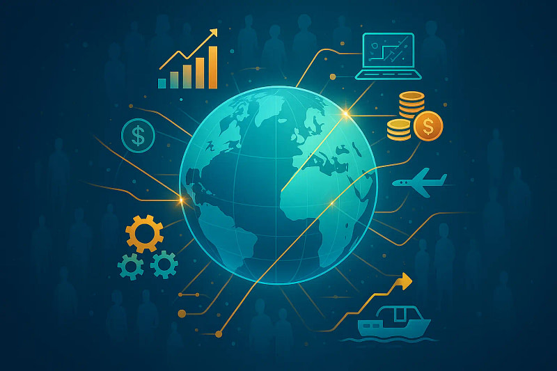 Global business technology icons for international trade show marketing