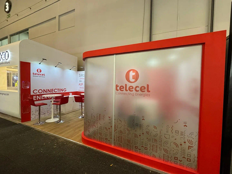Exterior of the Booth Exhibits™ stand for Telecel at AfricaCom 2024 in Cape Town.